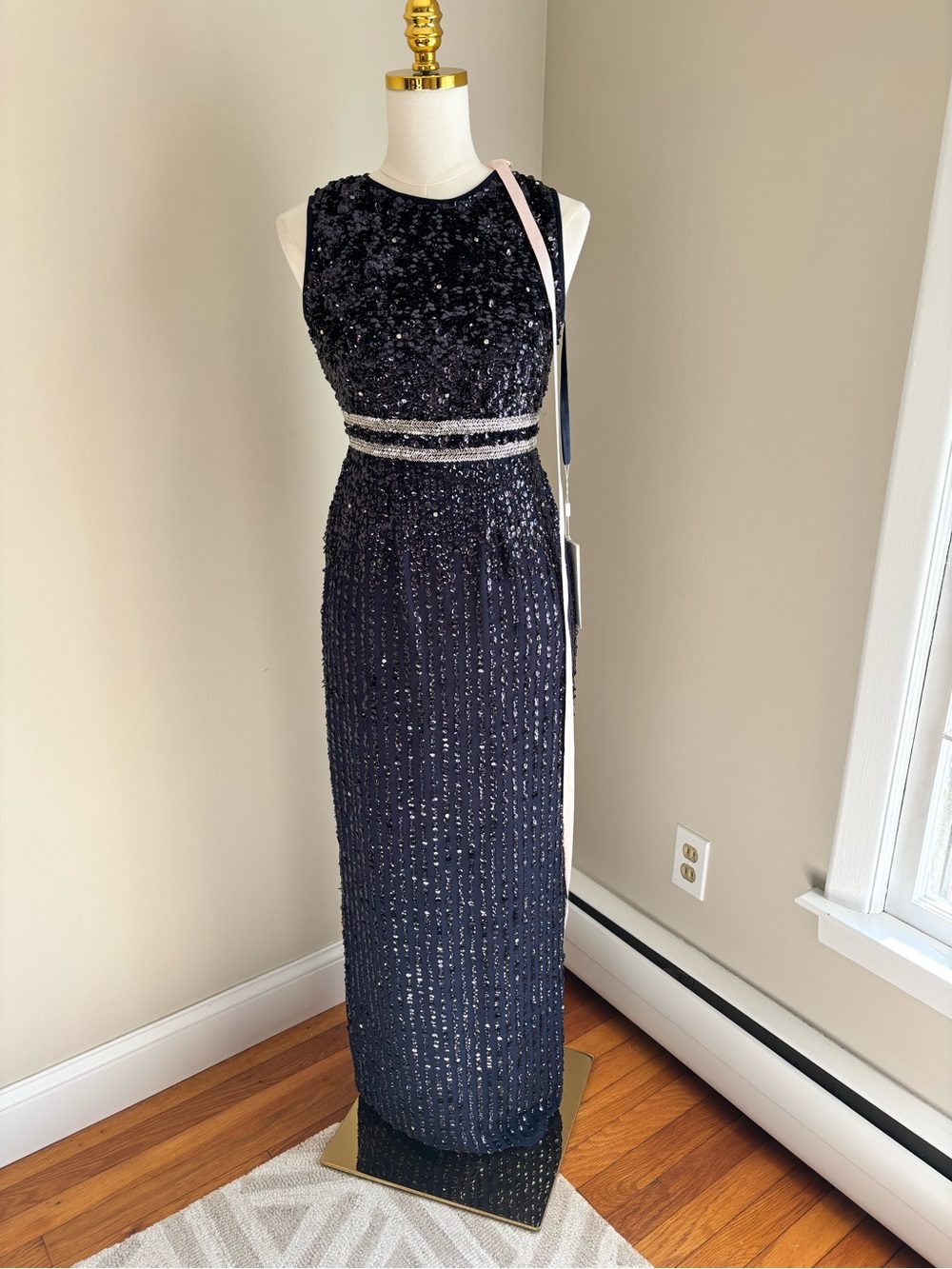 Mac Duggal Midnight Sequin Column Gown Beaded Waist Sleeveless Formal Dress NWT